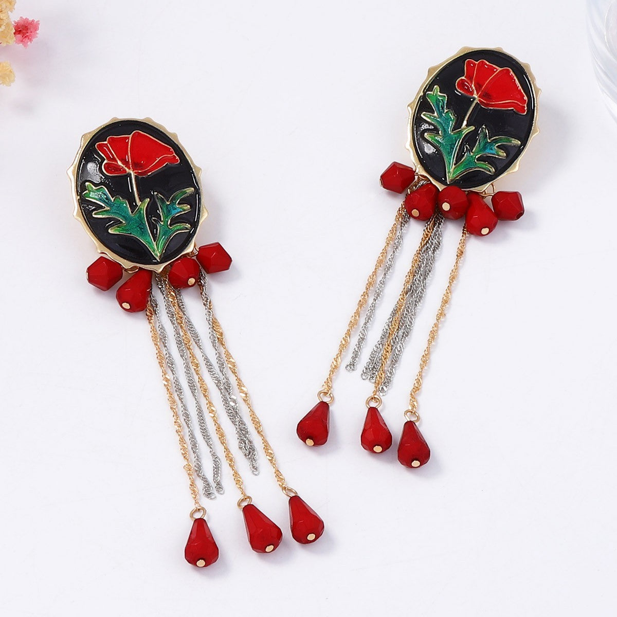 Romantic Red Enamel Rose Tassel Earrings