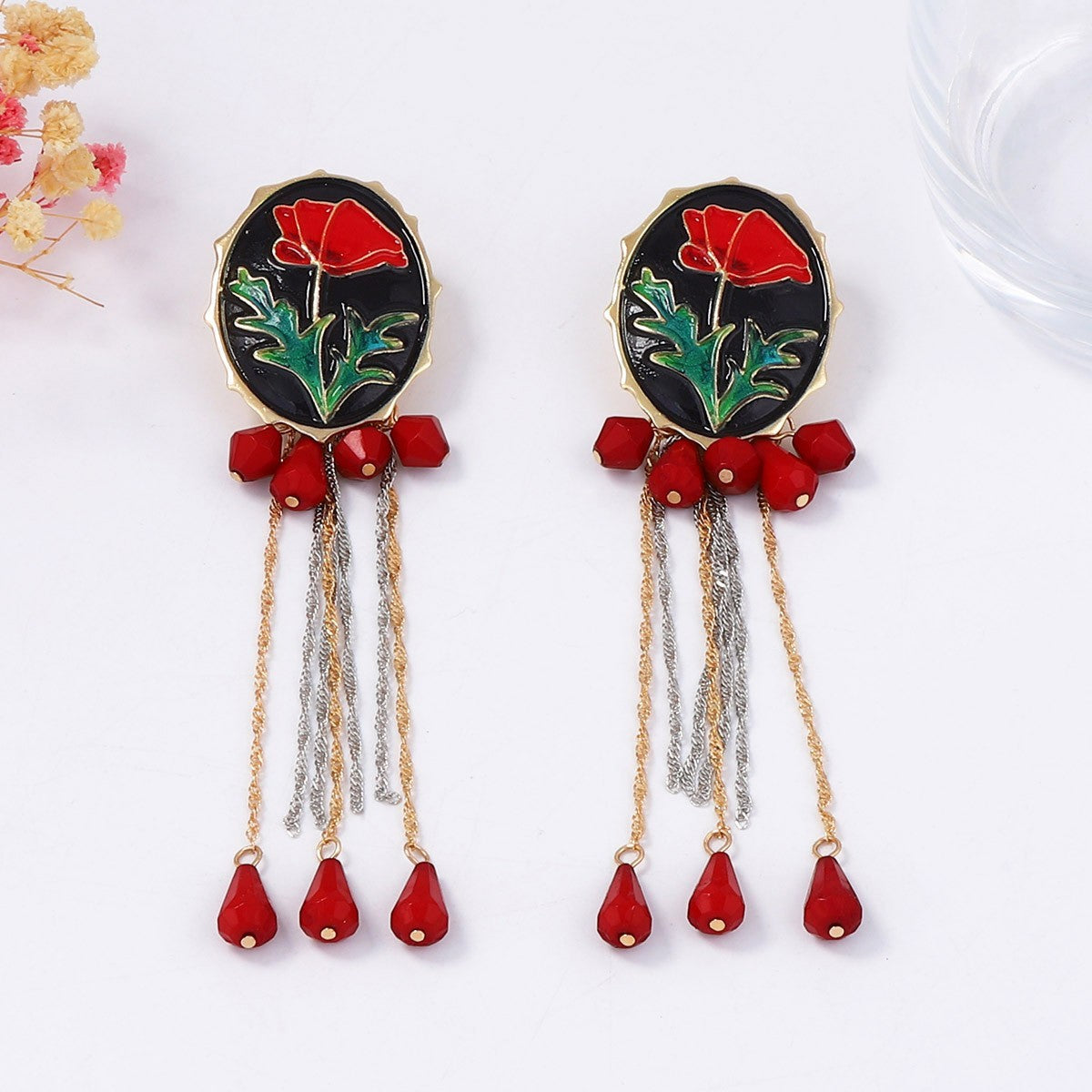 Romantic Red Enamel Rose Tassel Earrings