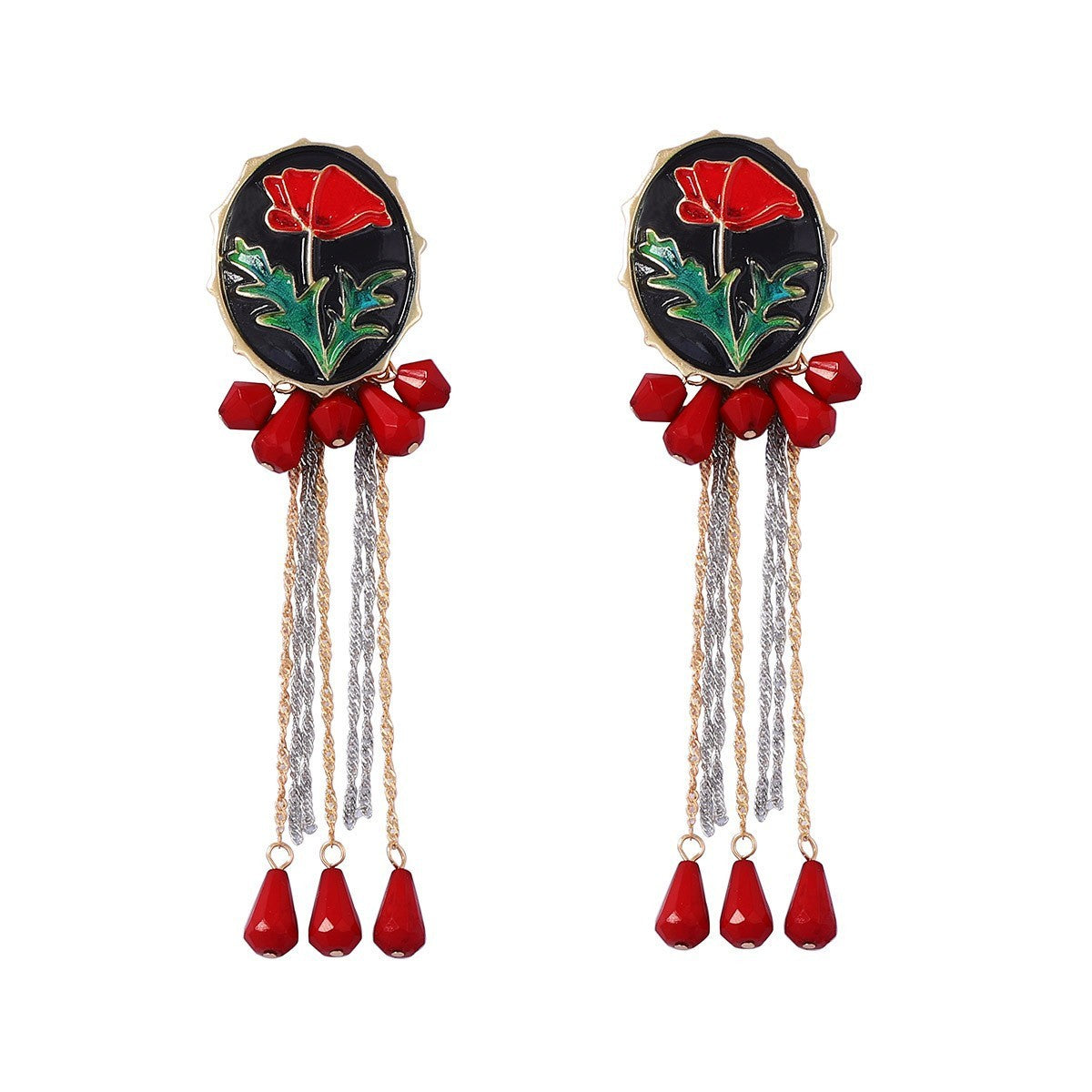 Romantic Red Enamel Rose Tassel Earrings