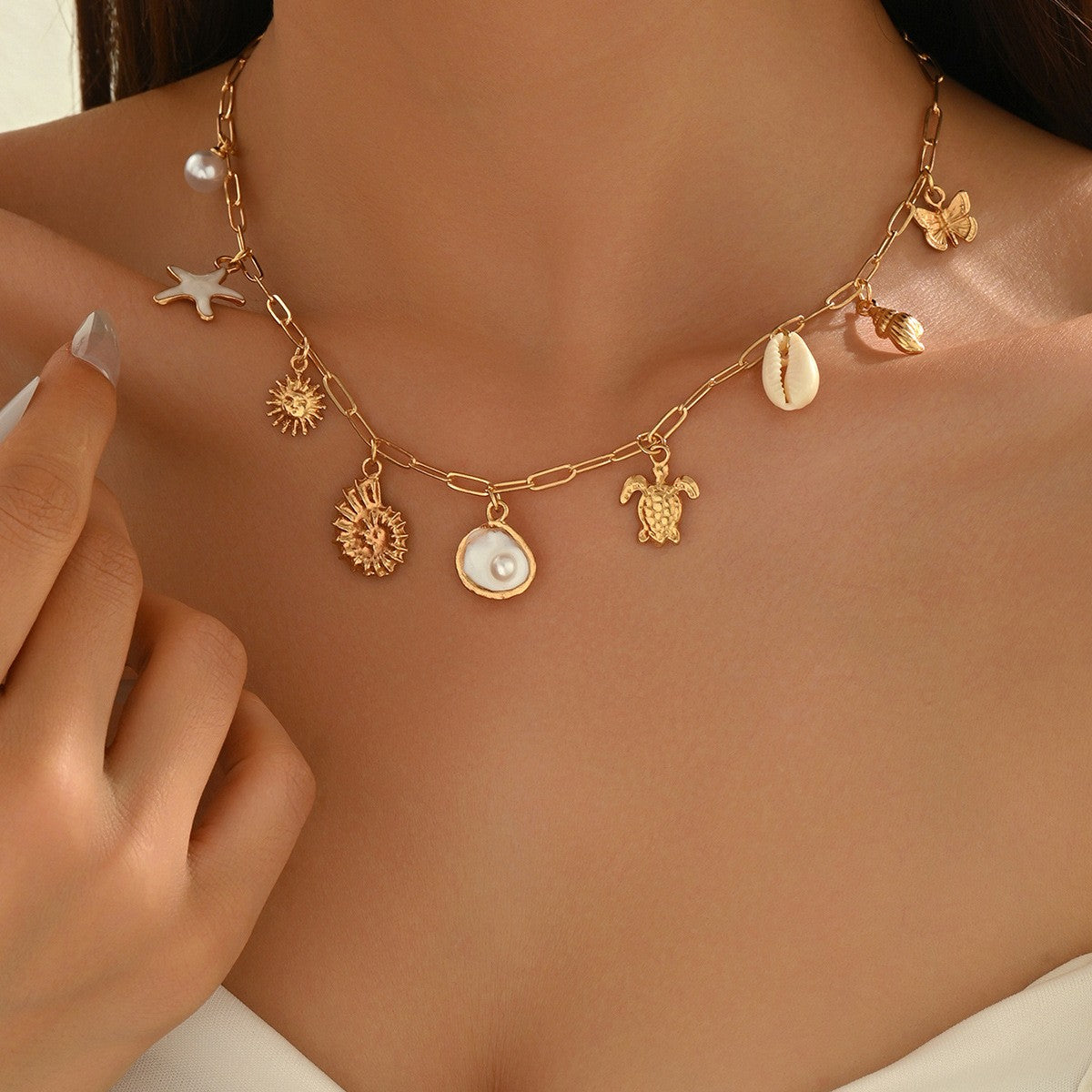 Dainty Boho Sea Turtle & Shell Charm Necklace