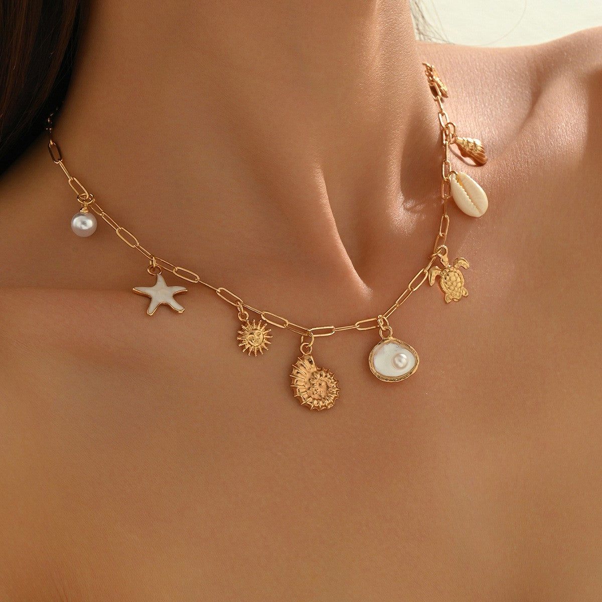 Dainty Boho Sea Turtle & Shell Charm Necklace