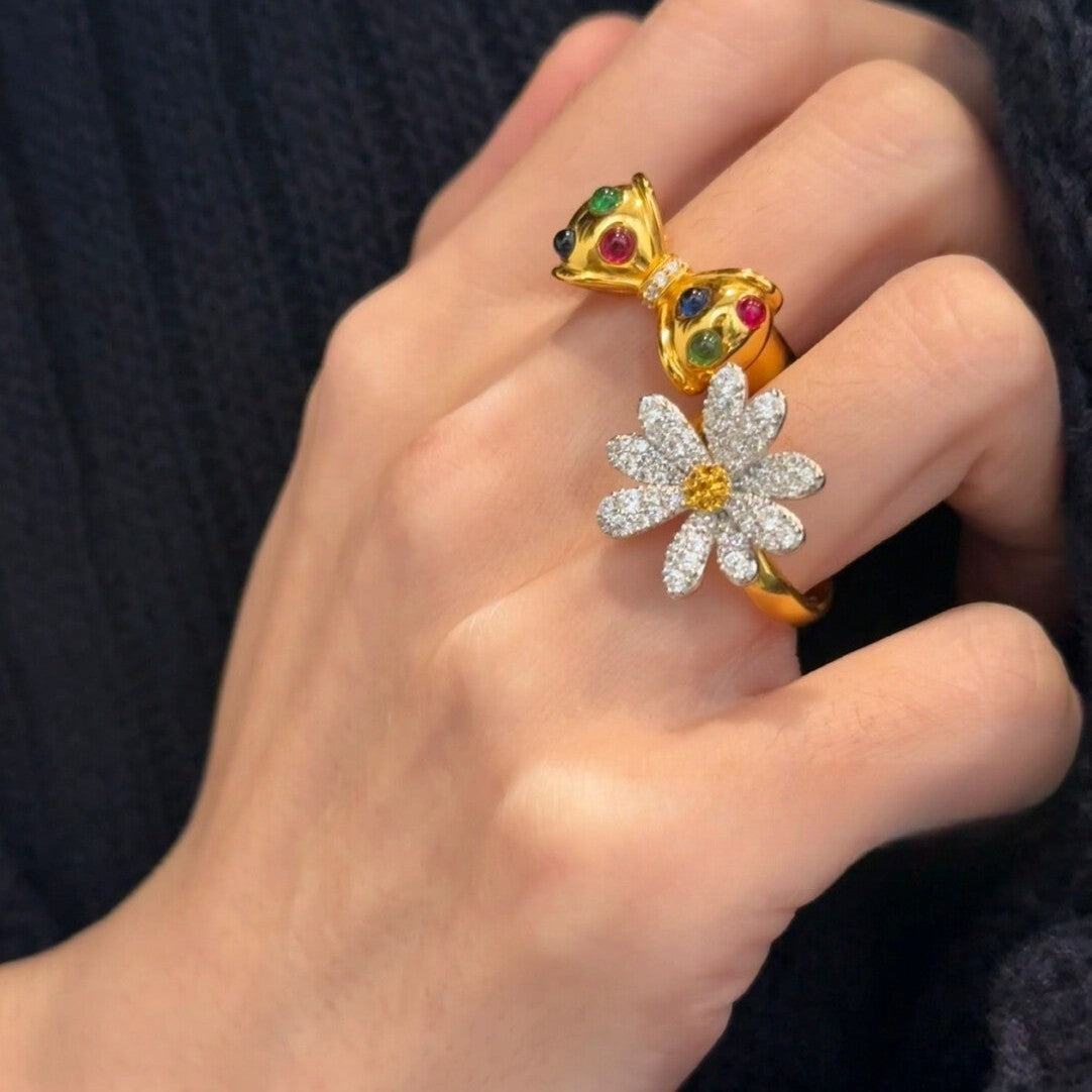 Dainty Pave Daisy Flower Open Ring