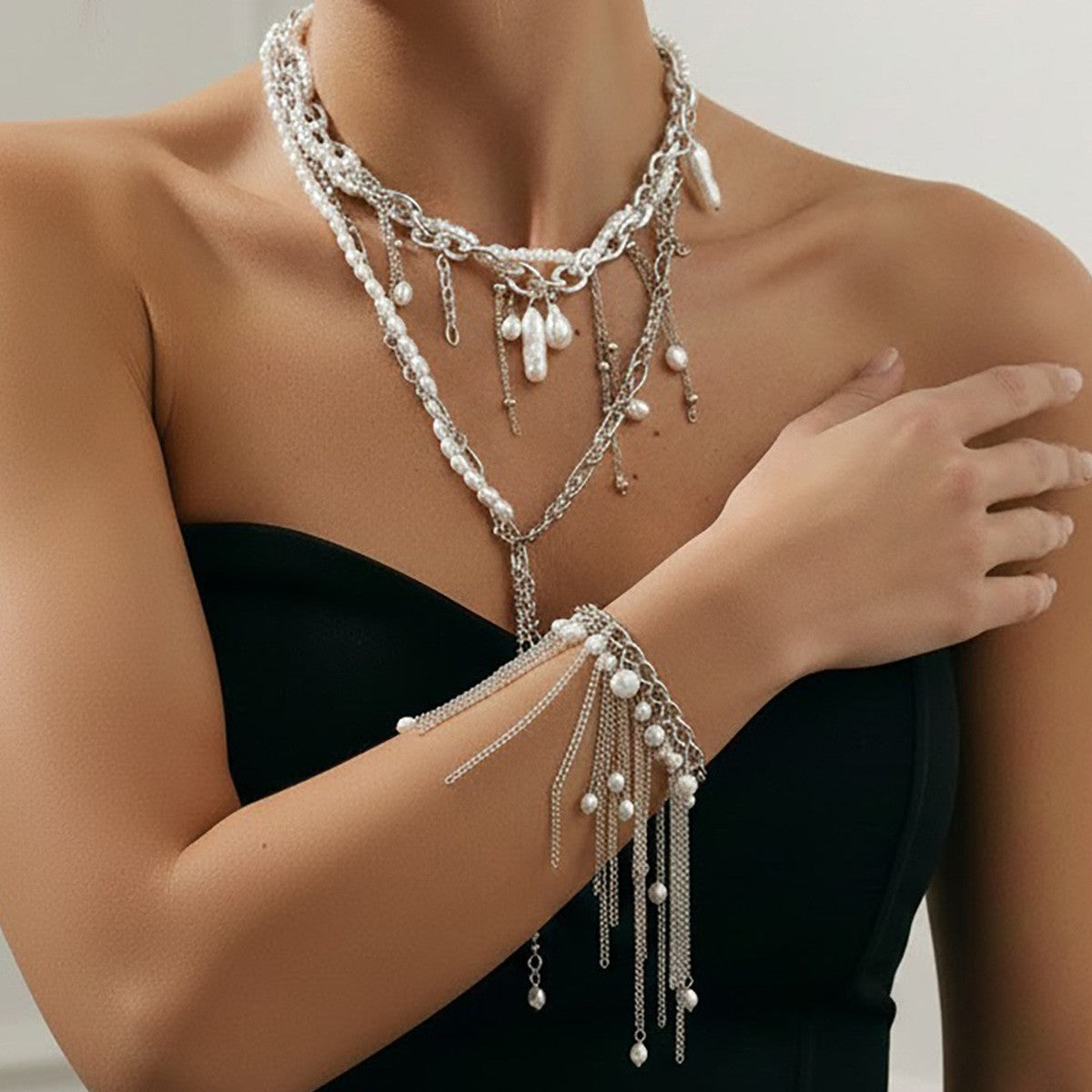 Classy Faux Pearl Tassel Necklace & Bracelet Set