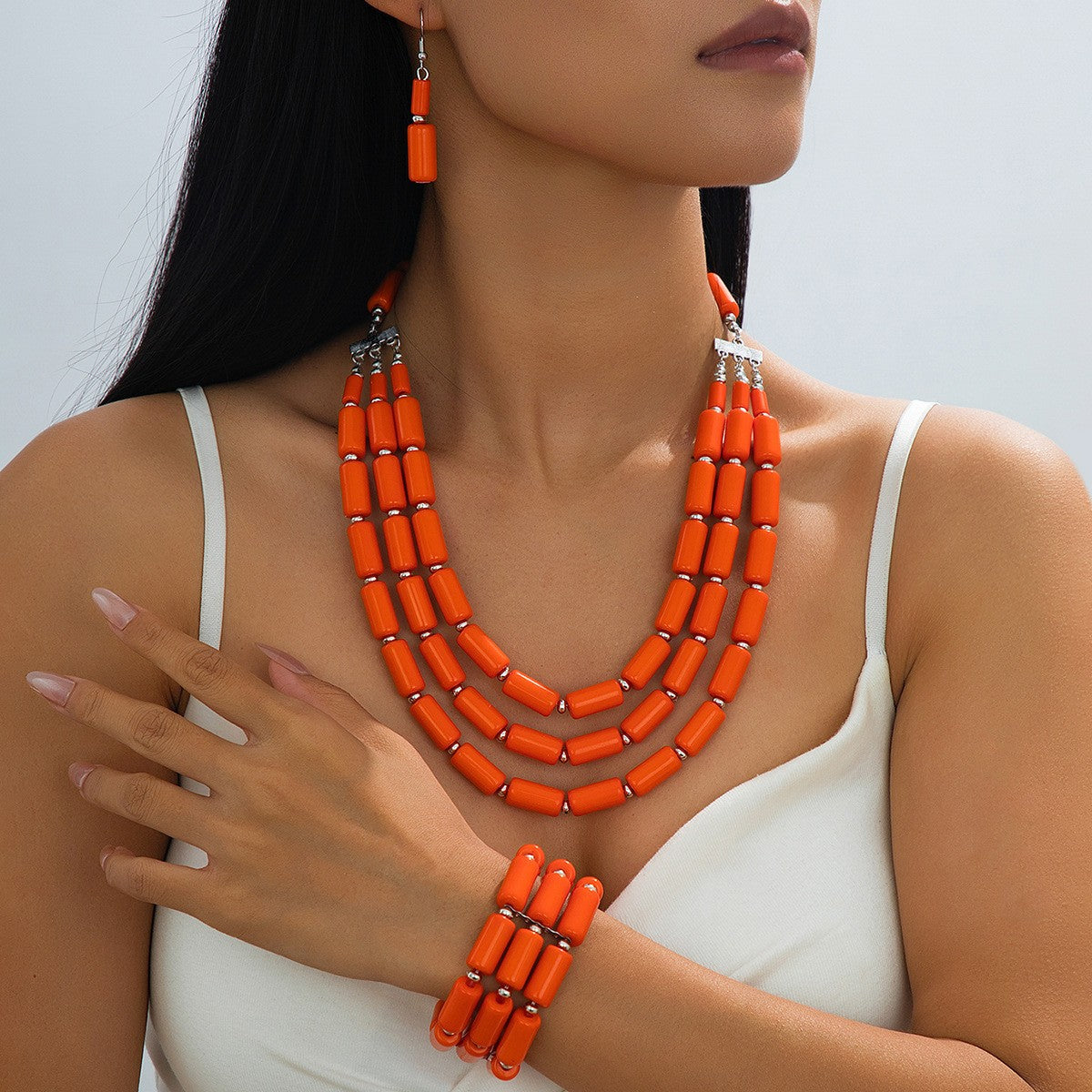 3pc Boho Orange Acrylic Bead Necklace, Bracelet & Earring Set