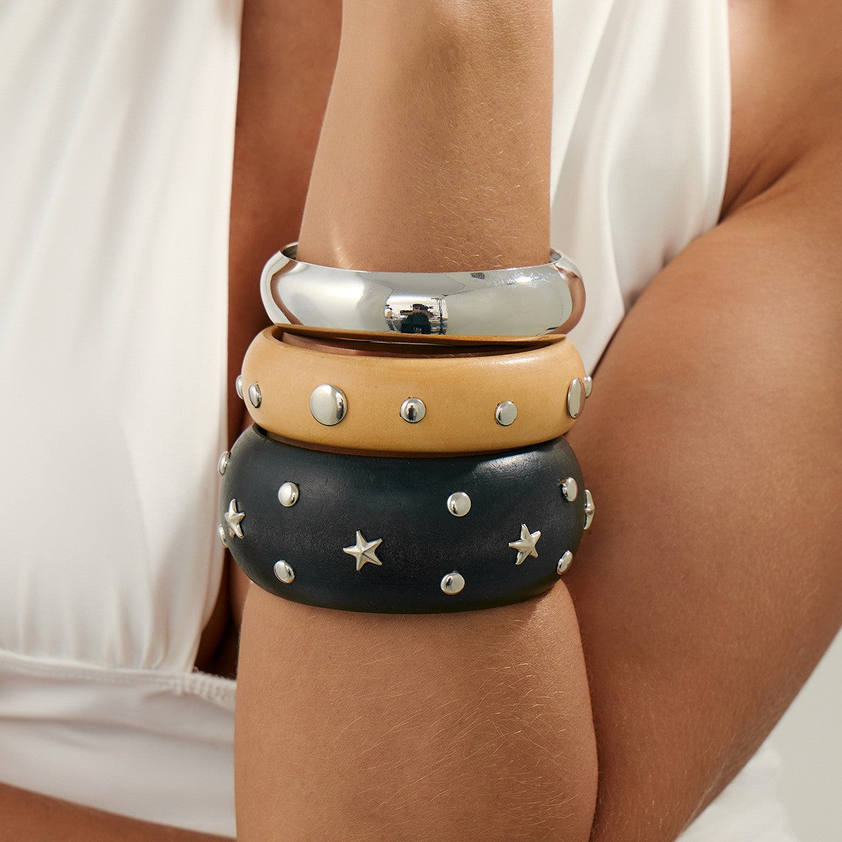 Boho Studded Wood & Metal Bangle Set