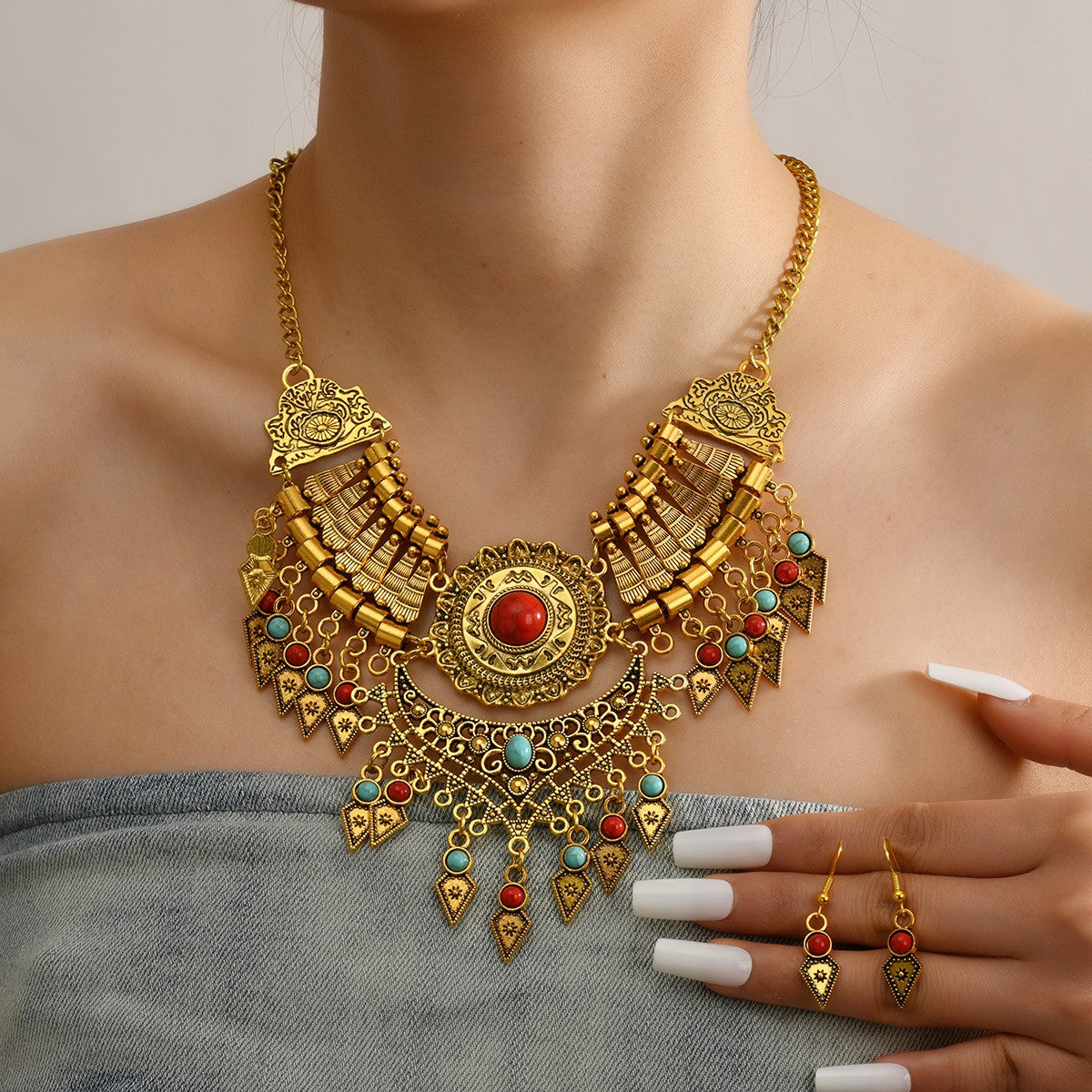 Vintage Boho Red Stone Fringe Necklace & Earring Set