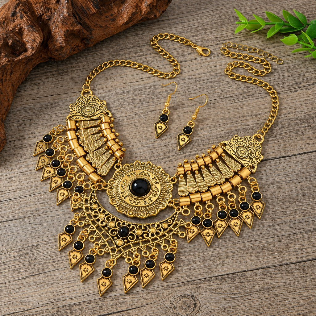 Vintage Boho Red Stone Fringe Necklace & Earring Set