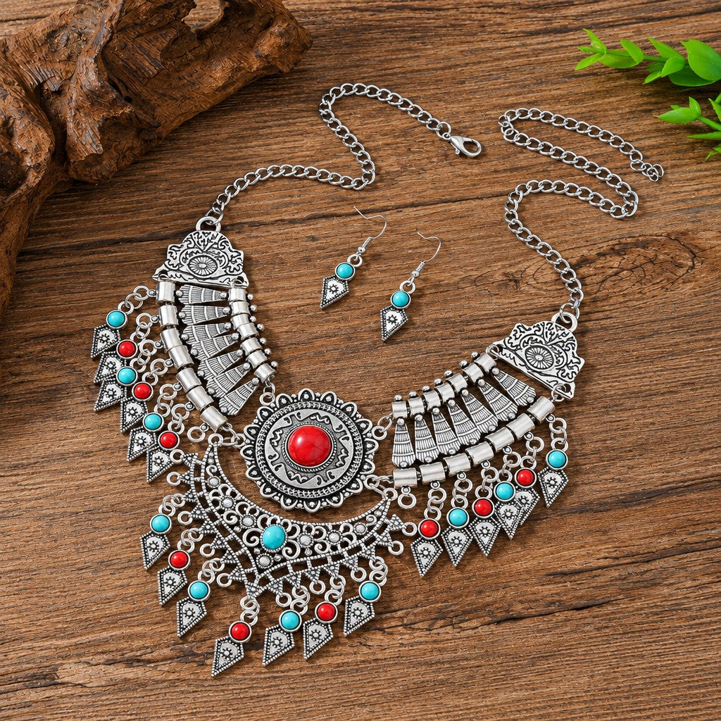 Vintage Boho Red Stone Fringe Necklace & Earring Set