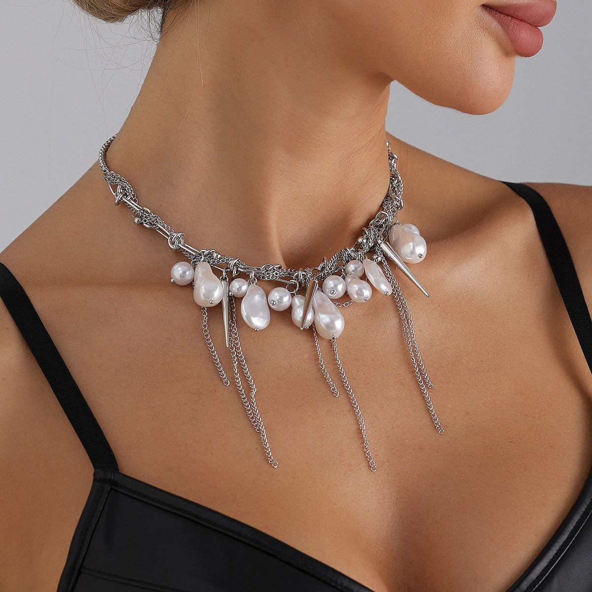 Classy Baroque Pearl Spike Choker Necklace