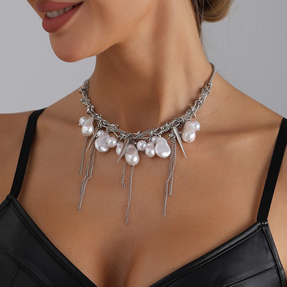 Classy Baroque Pearl Spike Choker Necklace