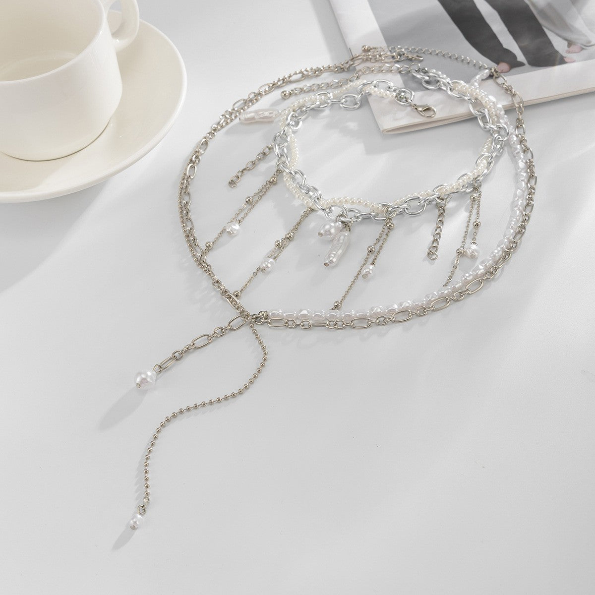 Classy Layered Faux Pearl Lariat Necklace