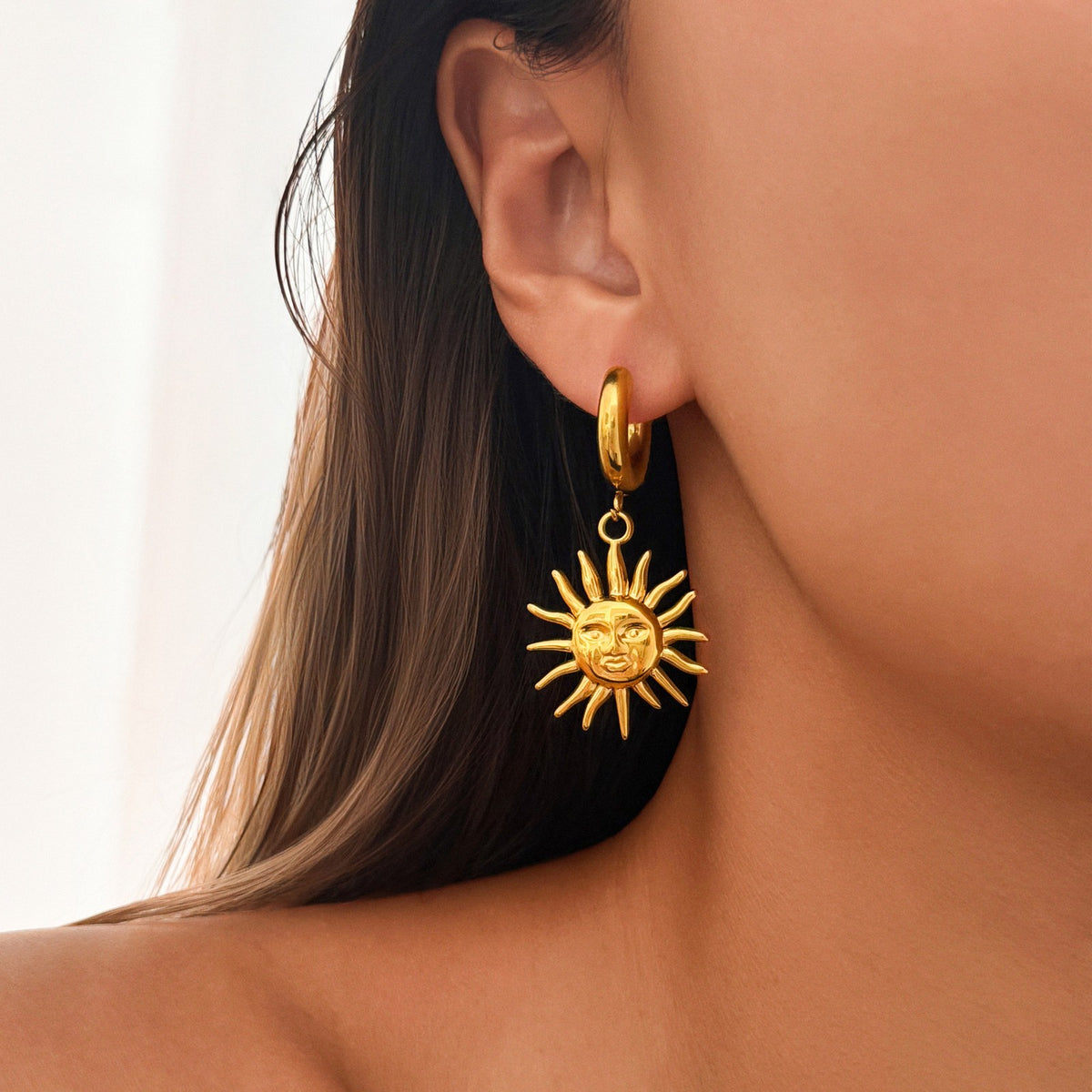 18k Boho Sun Face Drop Hoop Earrings
