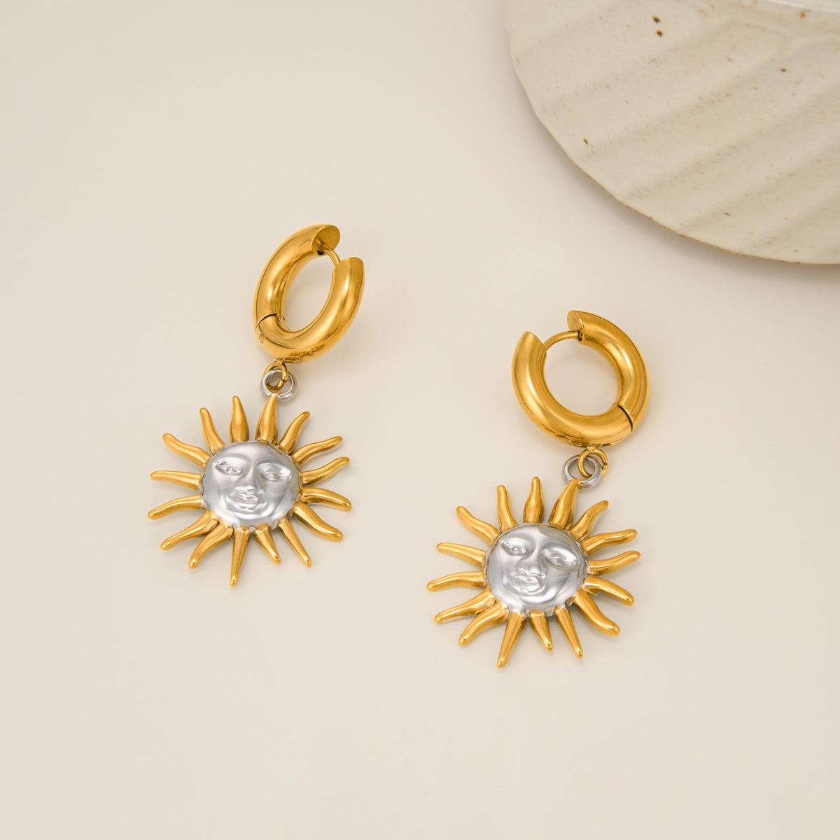 18k Boho Sun Face Drop Hoop Earrings