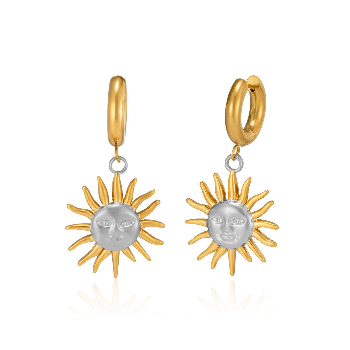 18k Boho Sun Face Drop Hoop Earrings