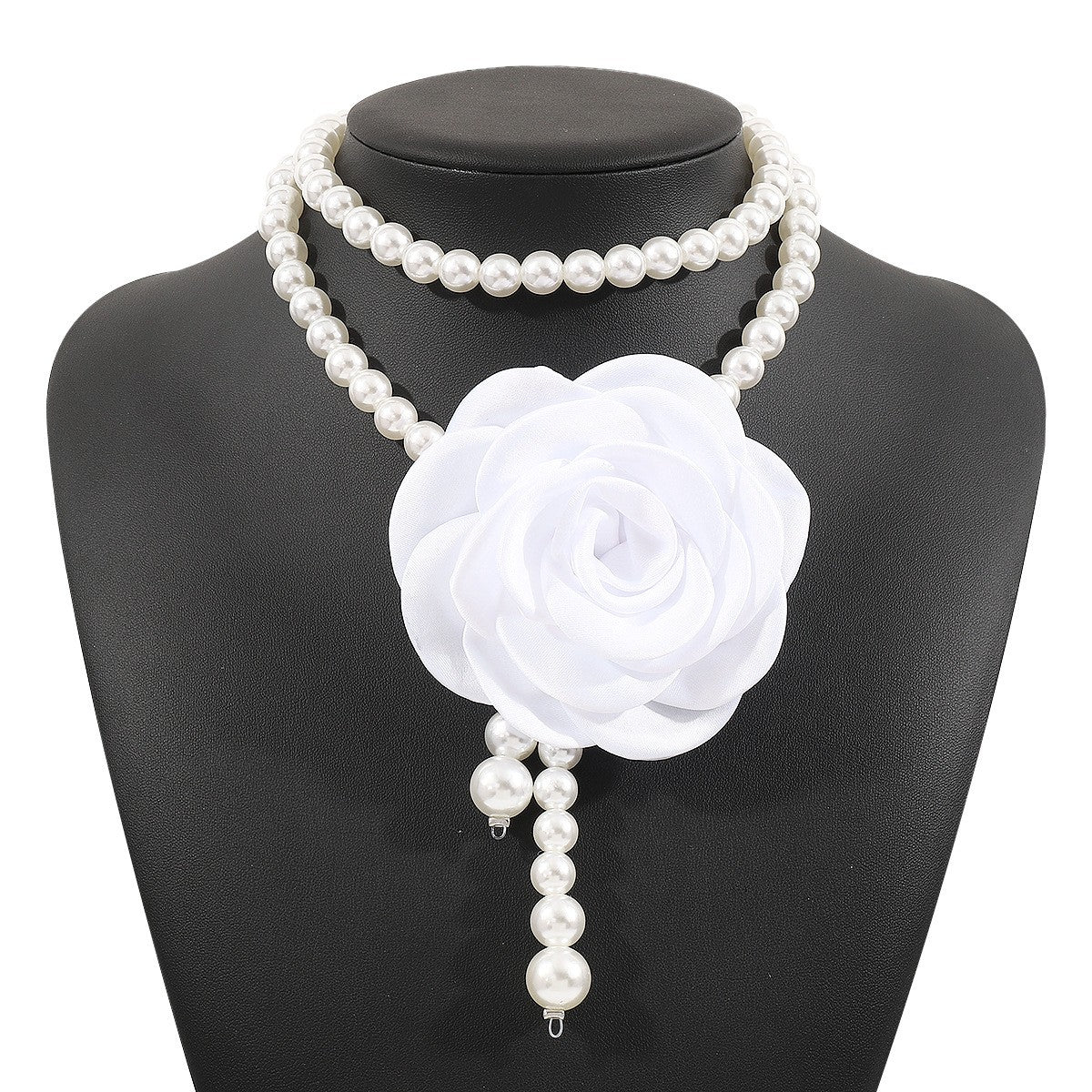 Romantic Red Fabric Rose Pearl Necklace