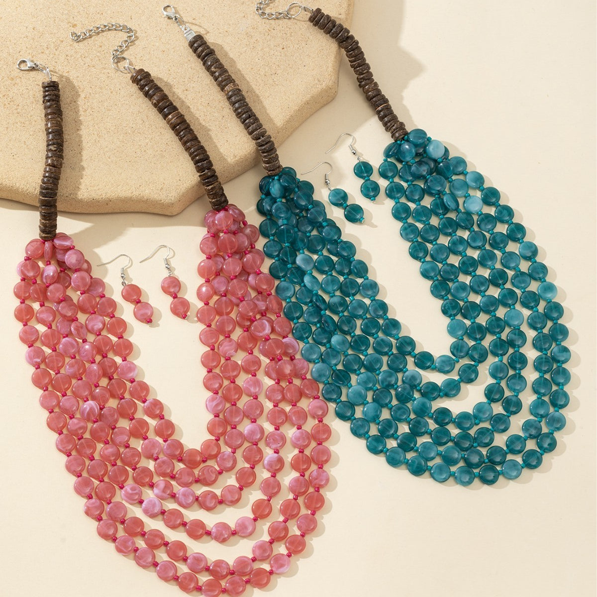 Boho Multi-Strand Resin Bead Necklace & Earring Set