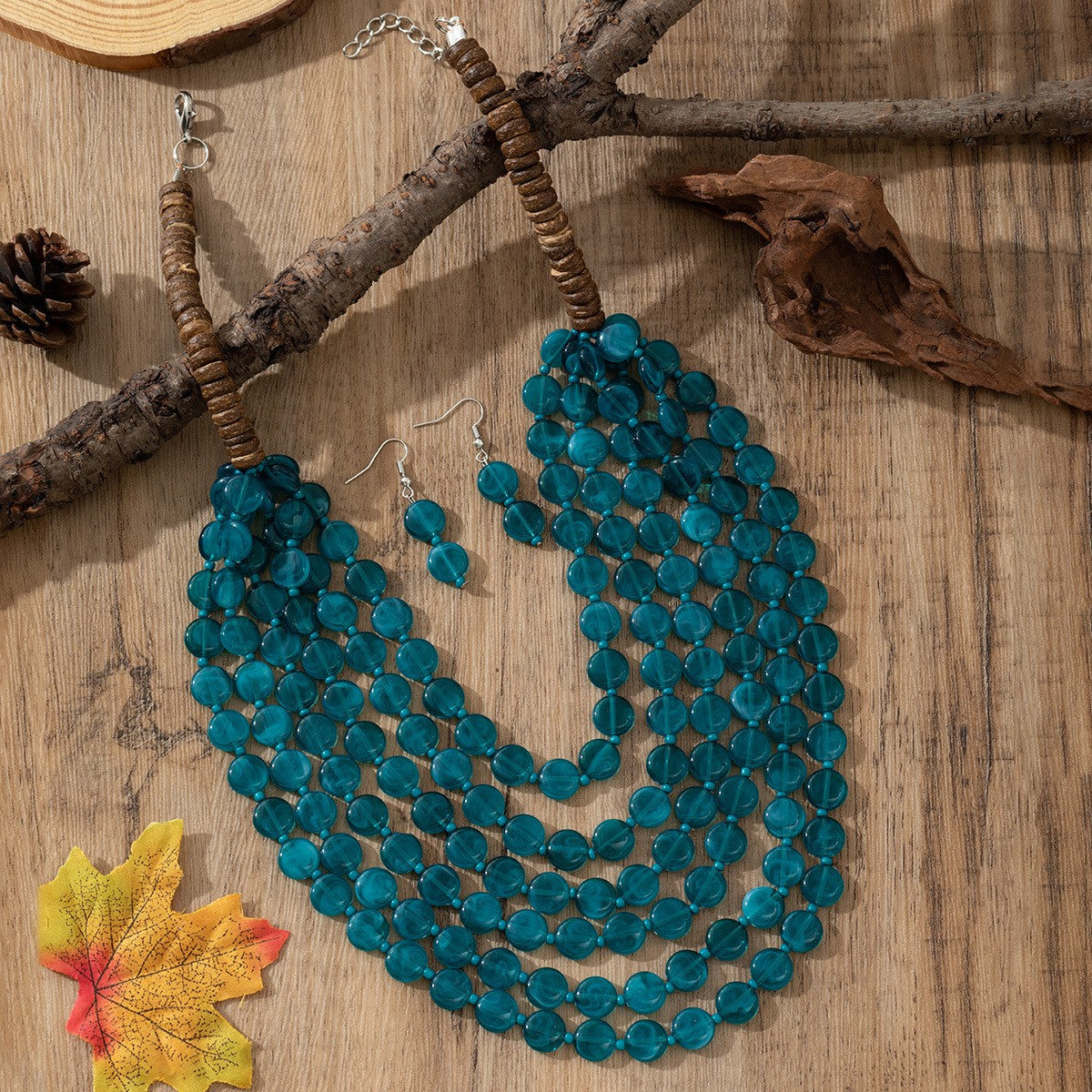 Boho Multi-Strand Resin Bead Necklace & Earring Set