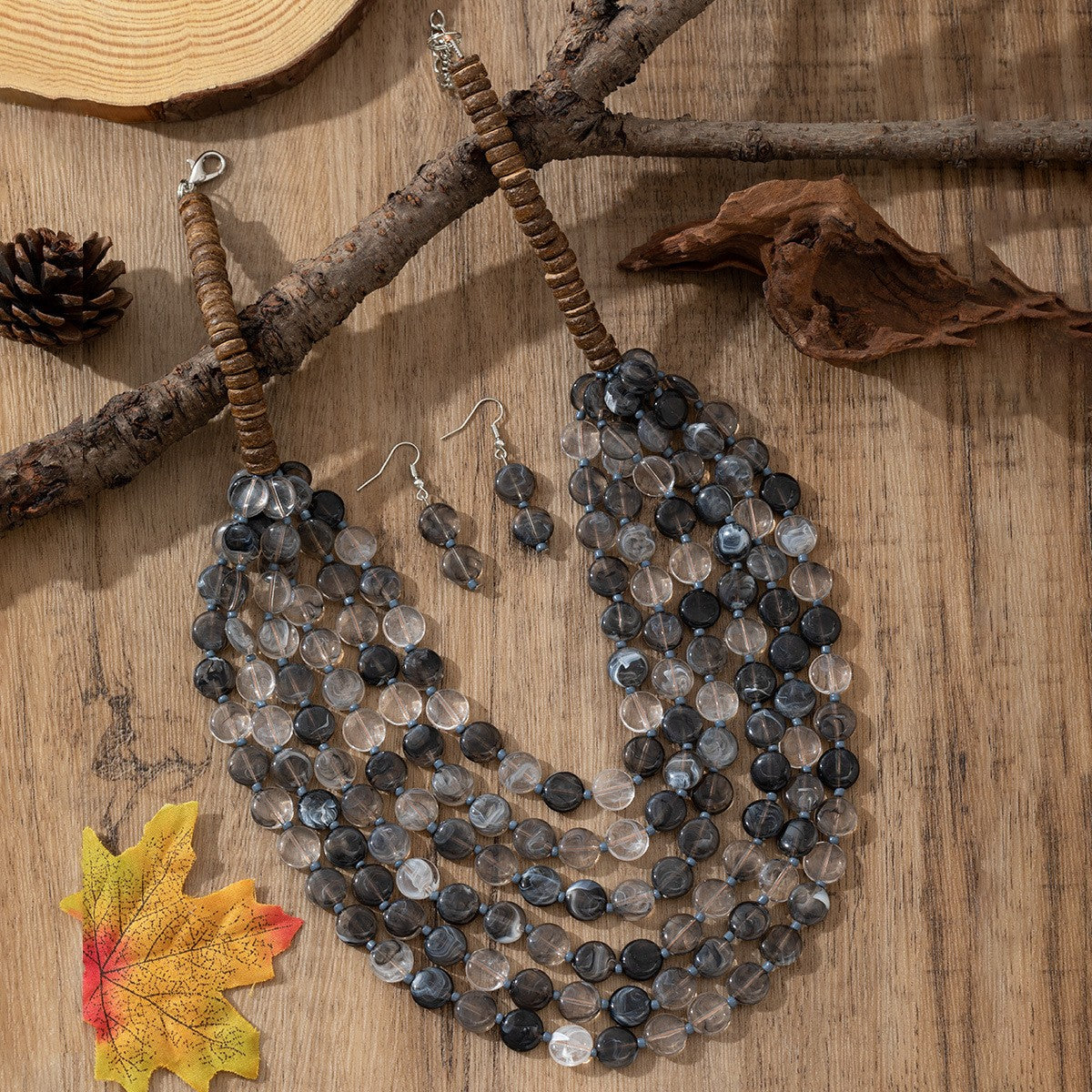 Boho Multi-Strand Resin Bead Necklace & Earring Set