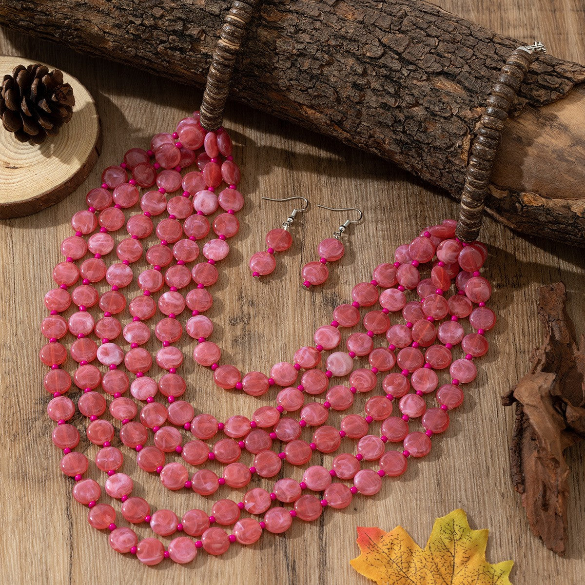 Boho Multi-Strand Resin Bead Necklace & Earring Set