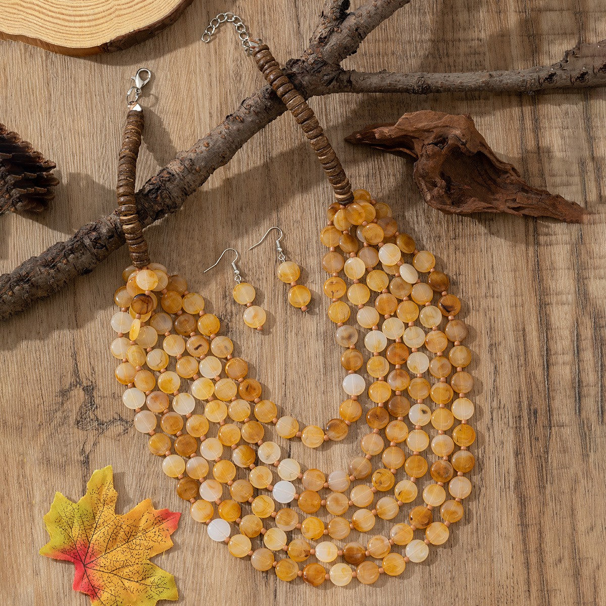 Boho Multi-Strand Resin Bead Necklace & Earring Set