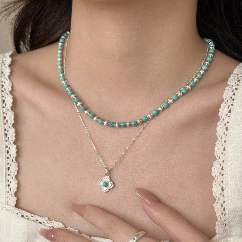 Layered Turquoise Floral Pendant Necklace
