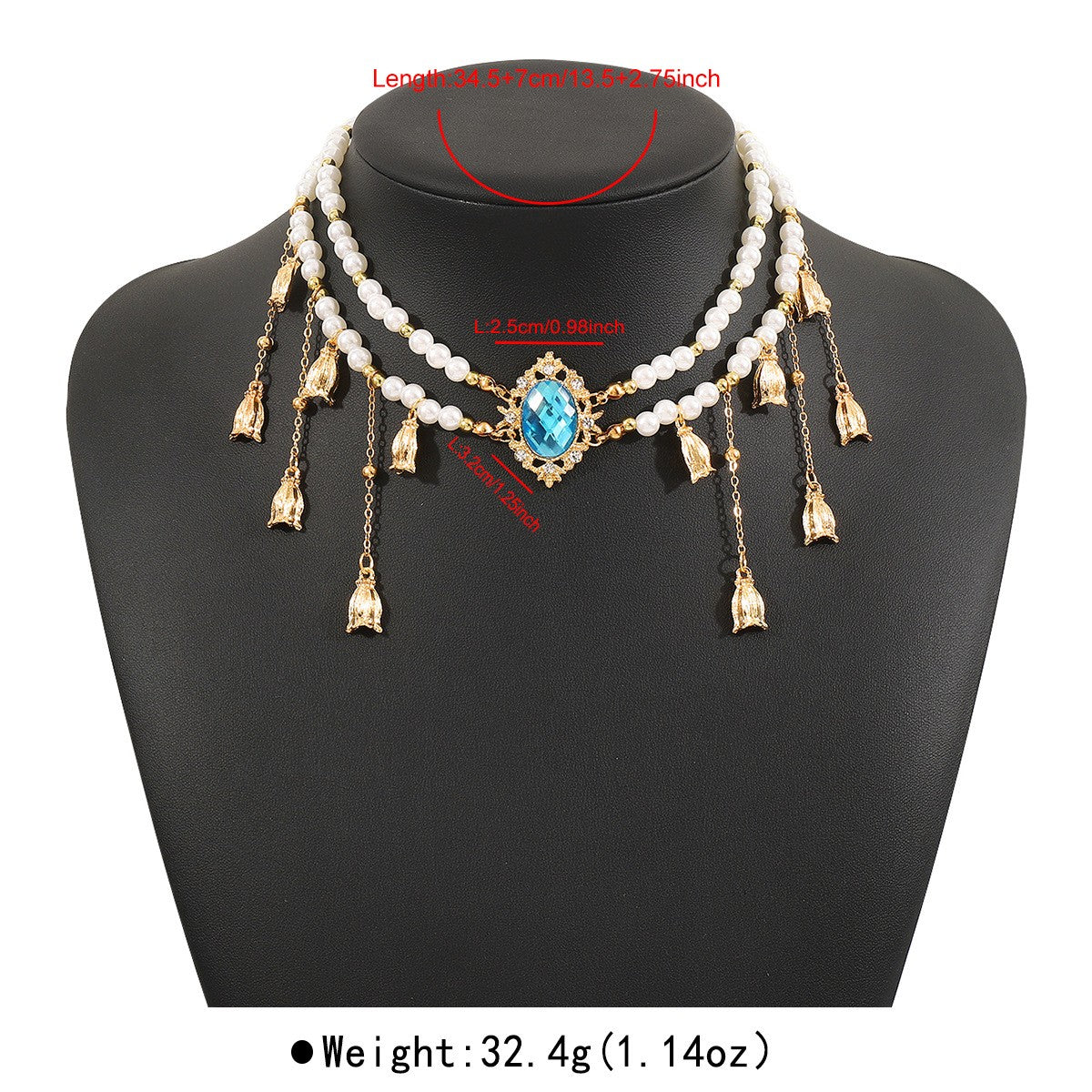 Vintage Blue Gem Faux Pearl Tassel Necklace
