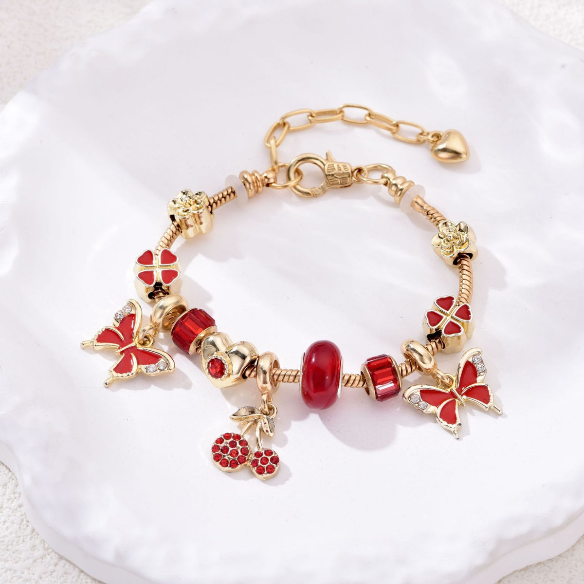 Romantic Red Cherry & Butterfly Charm Bracelet