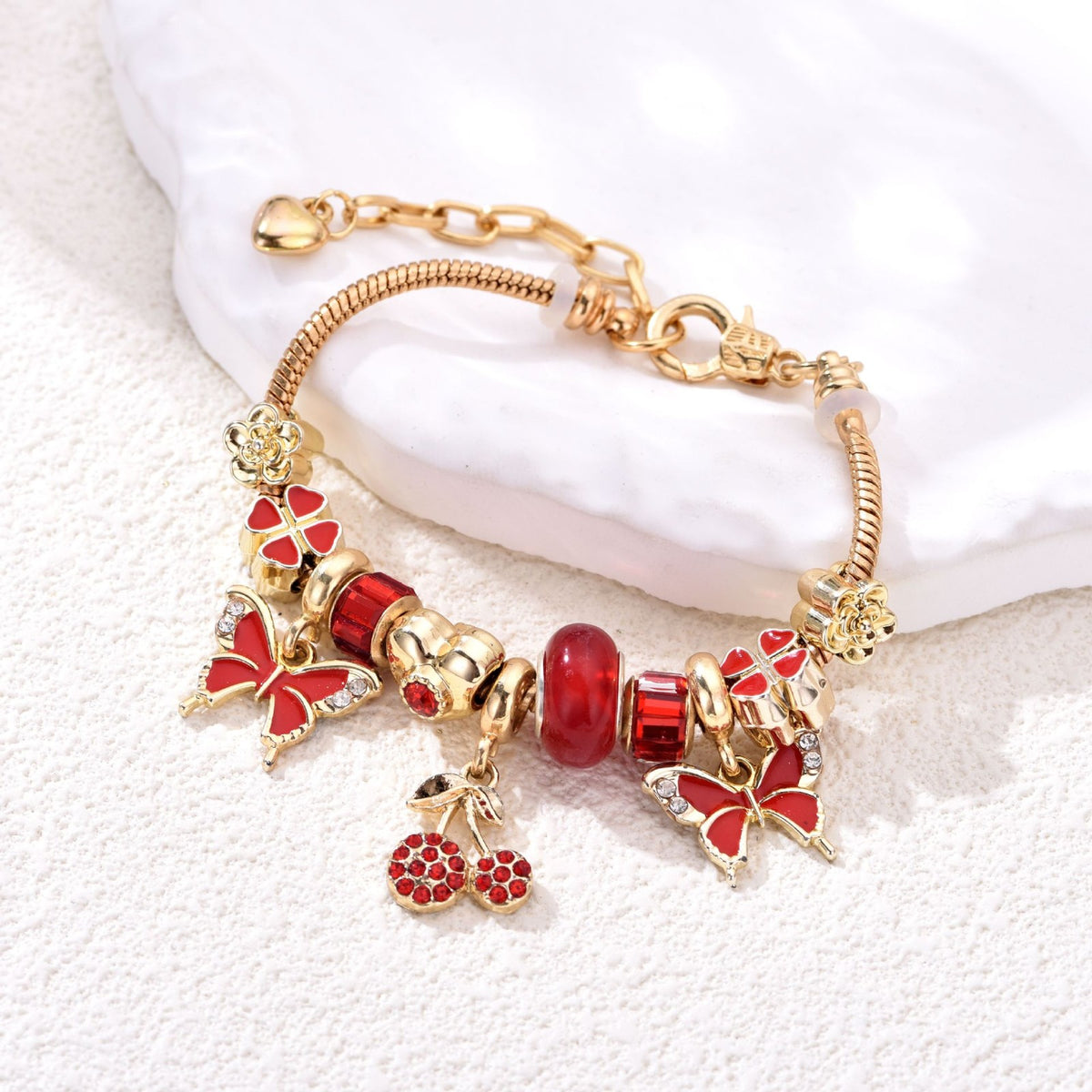 Romantic Red Cherry & Butterfly Charm Bracelet