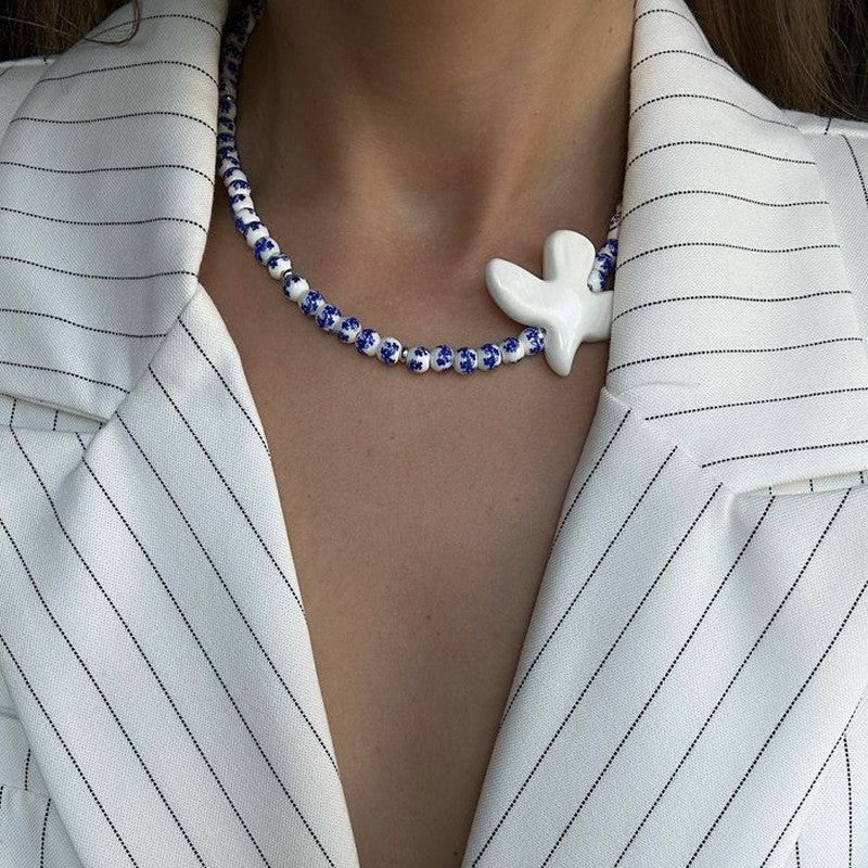 Classy Blue Floral Ceramic Dove Necklace