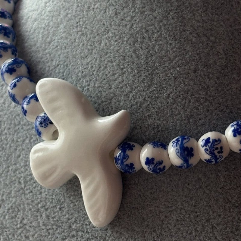 Classy Blue Floral Ceramic Dove Necklace