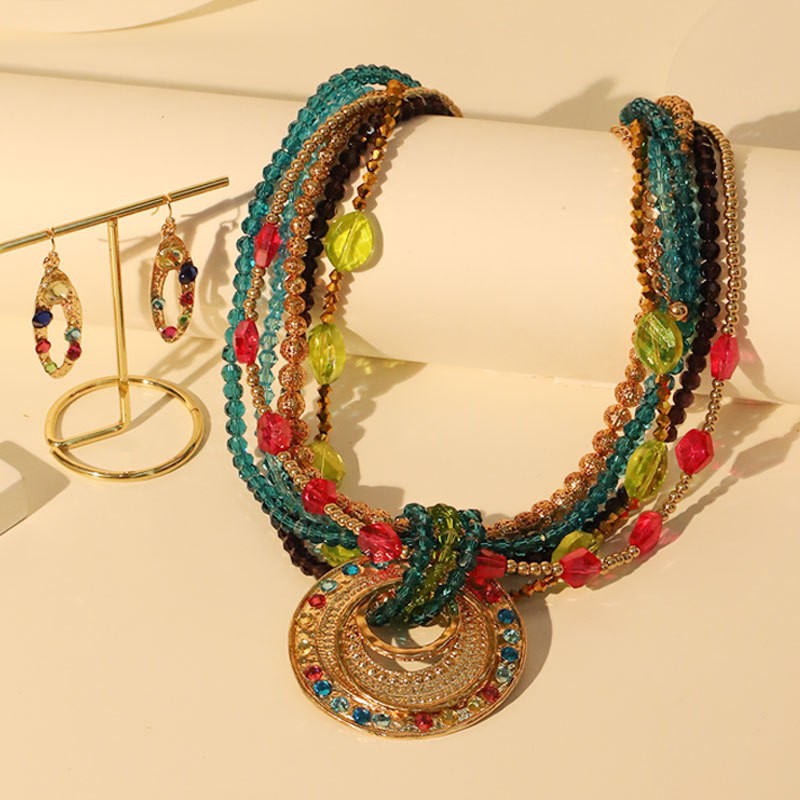 Boho Multicolor Beaded Disc Necklace