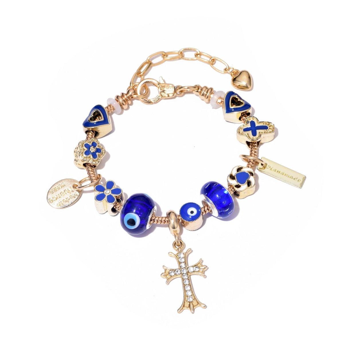 Dainty Blue Evil Eye & Cross Charm Bracelet