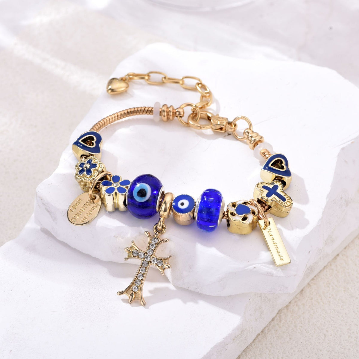 Dainty Blue Evil Eye & Cross Charm Bracelet