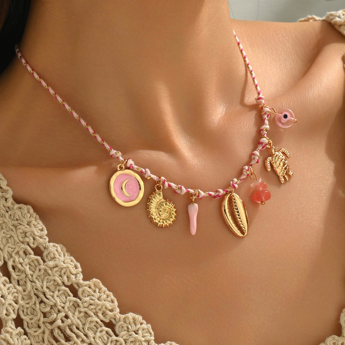 Boho Braided Moon & Evil Eye Charm Necklace