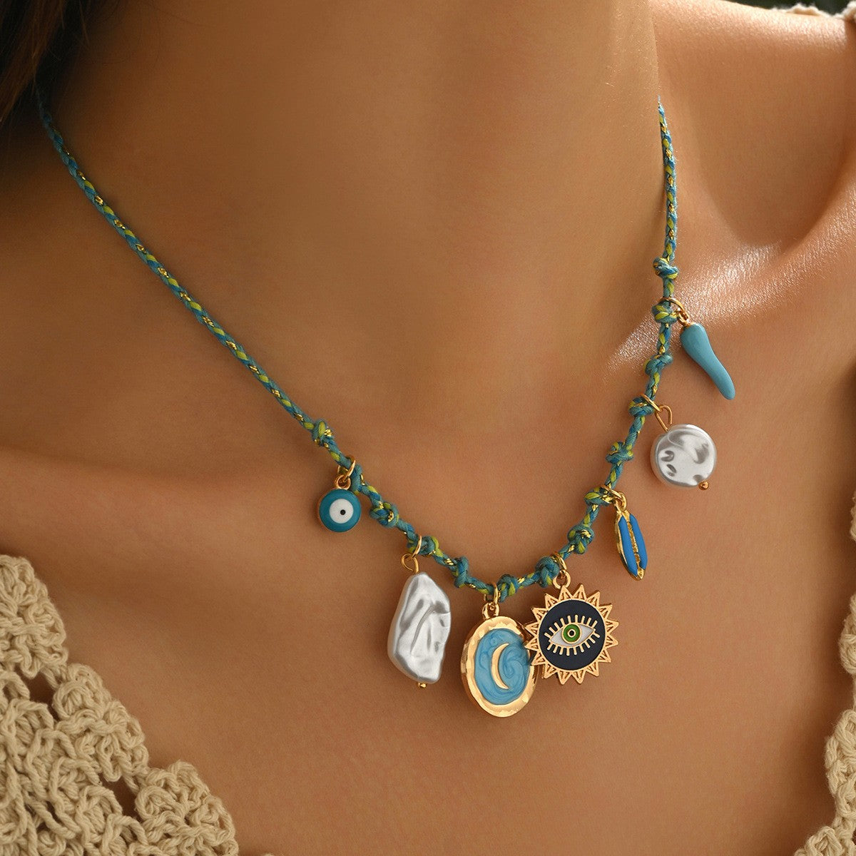 Boho Braided Moon & Evil Eye Charm Necklace