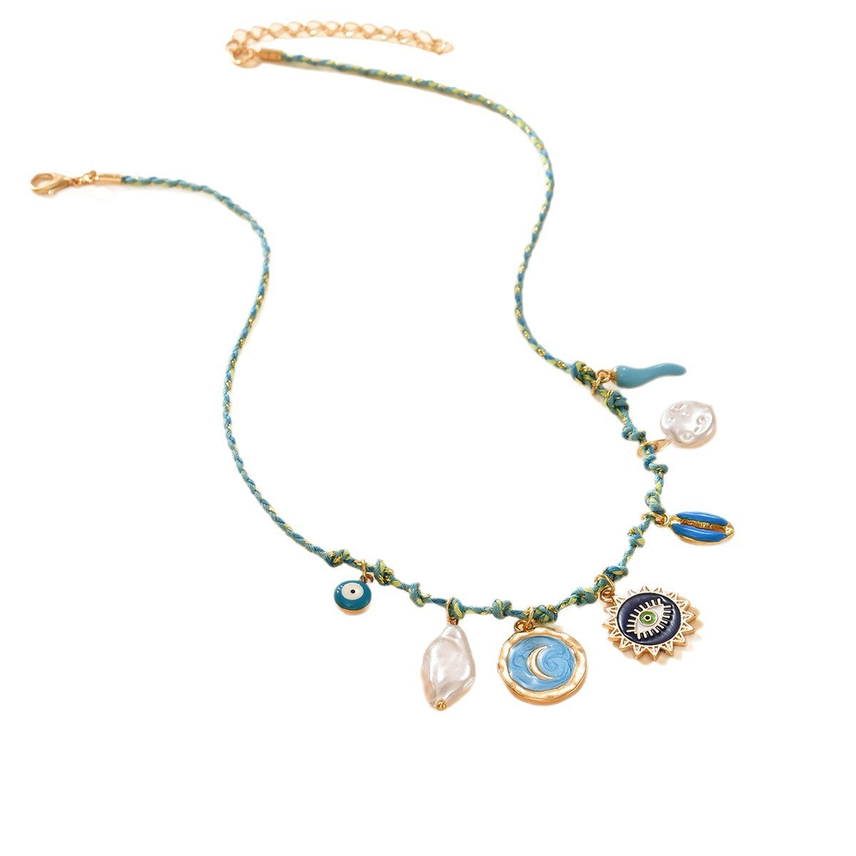 Boho Braided Moon & Evil Eye Charm Necklace
