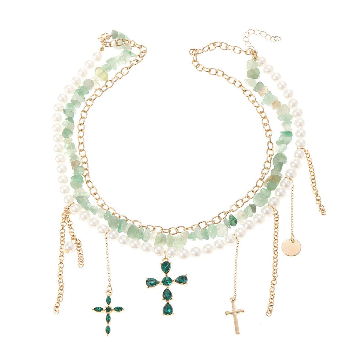 Boho Layered Faux Pearl Green Cross Necklace