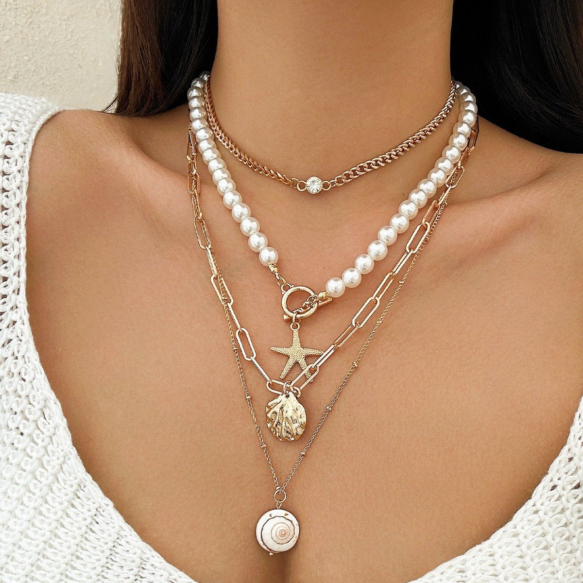 Boho Layered Shell & Palm Necklace Set