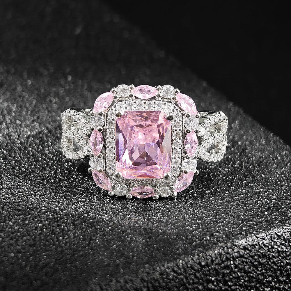 Romantic Pink Square Halo Zirconia Ring