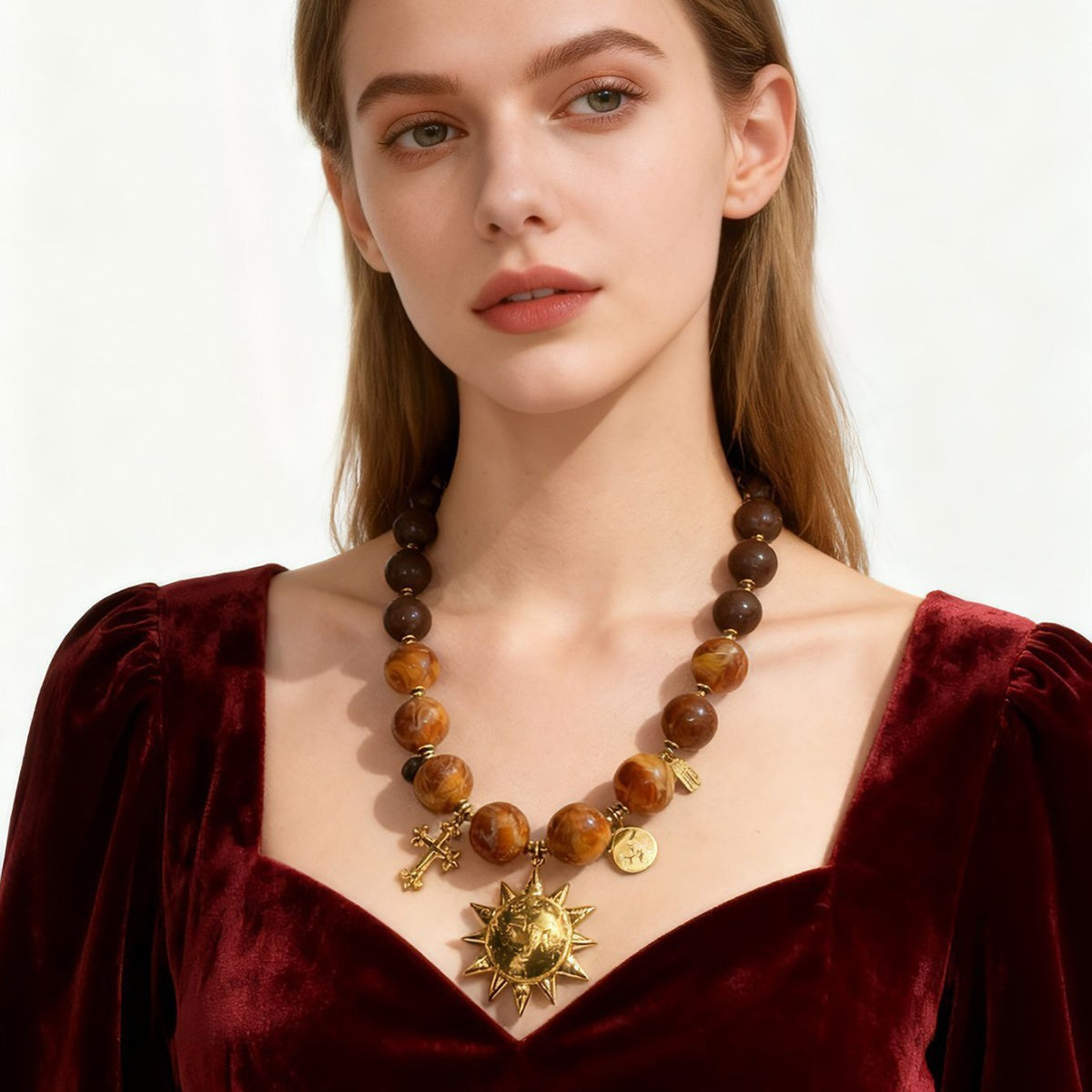Boho Vintage Amber Beaded Sun Necklace