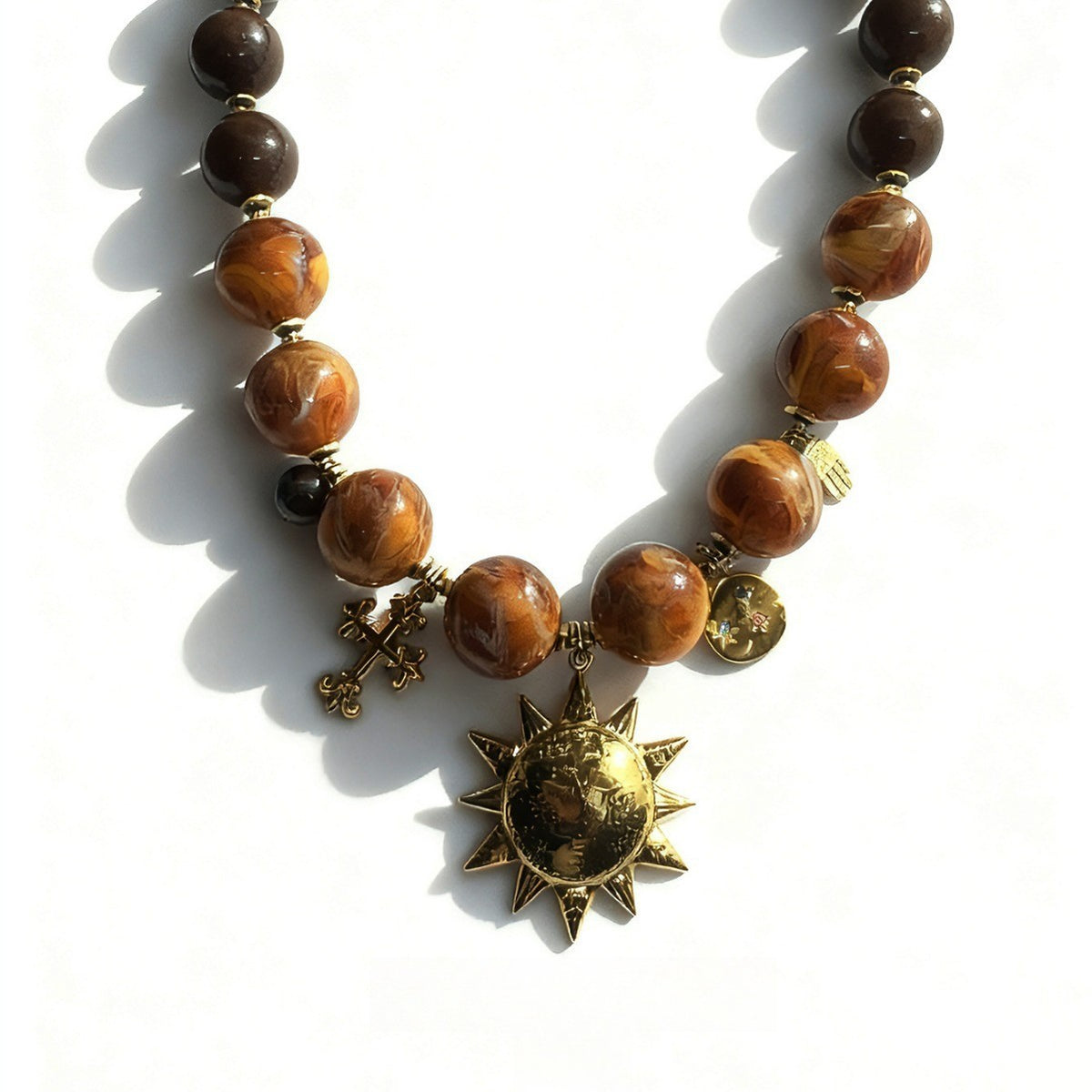 Boho Vintage Amber Beaded Sun Necklace