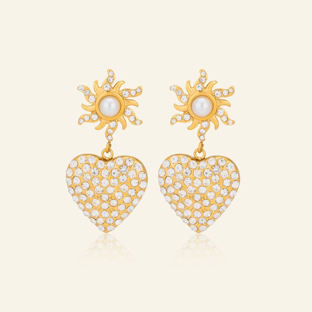 18k Dainty Sun Pearl Heart Earrings
