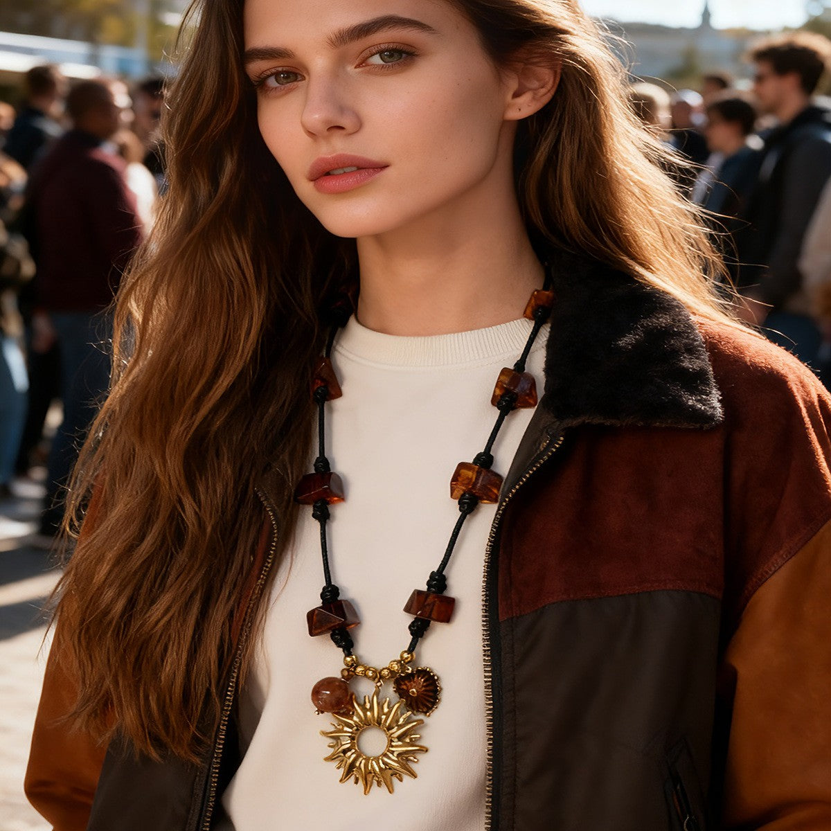 Boho Amber Sunburst Pendant Necklace