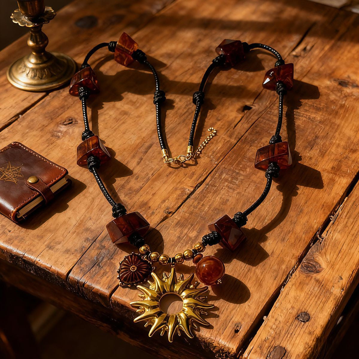 Boho Amber Sunburst Pendant Necklace