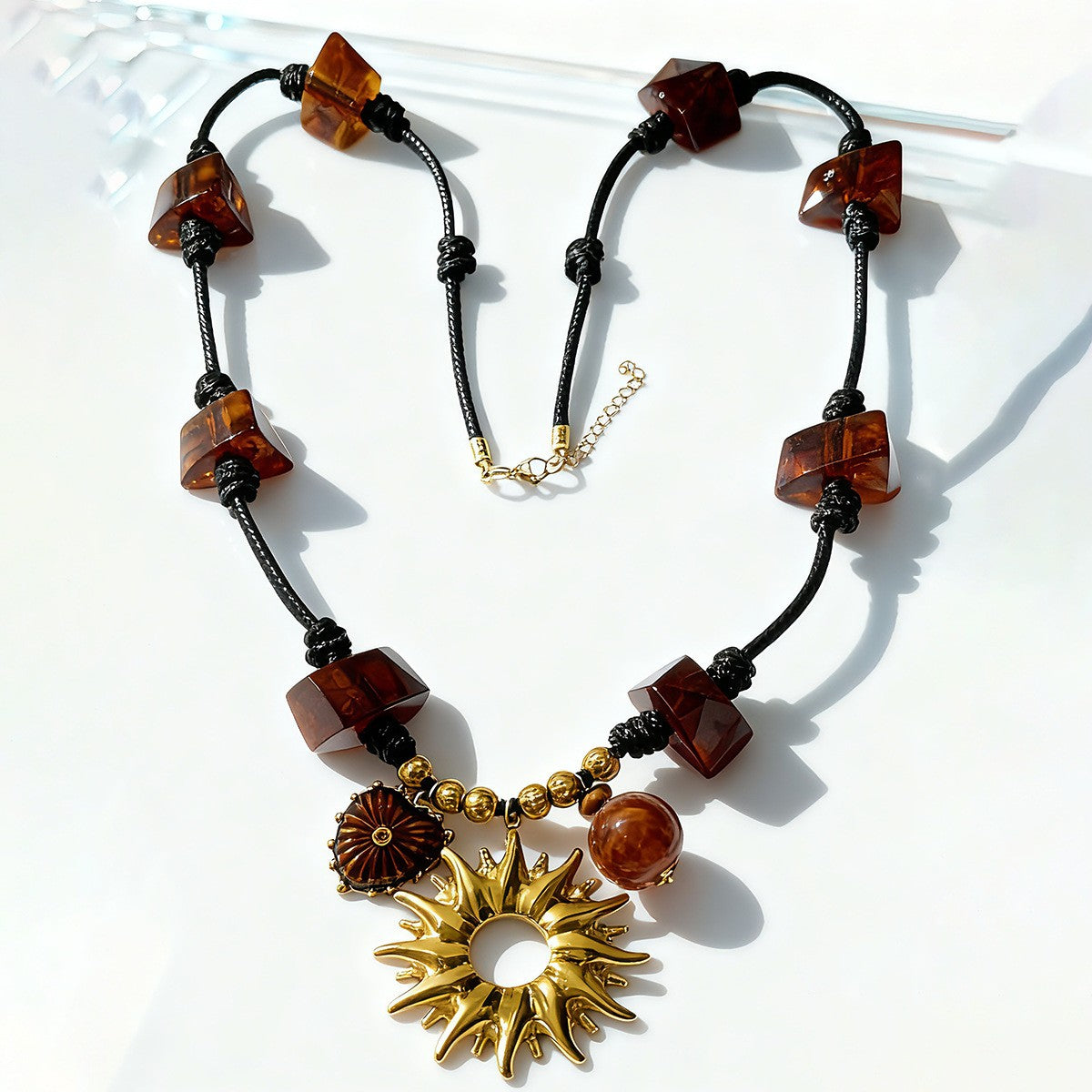 Boho Amber Sunburst Pendant Necklace