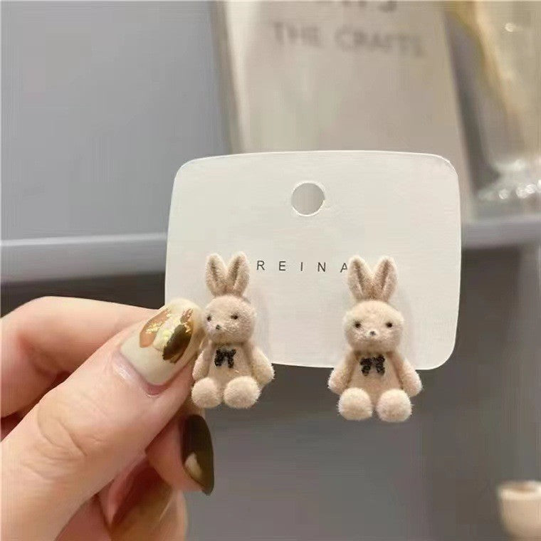 Sweet Flocked Bear And Bunny Earrings