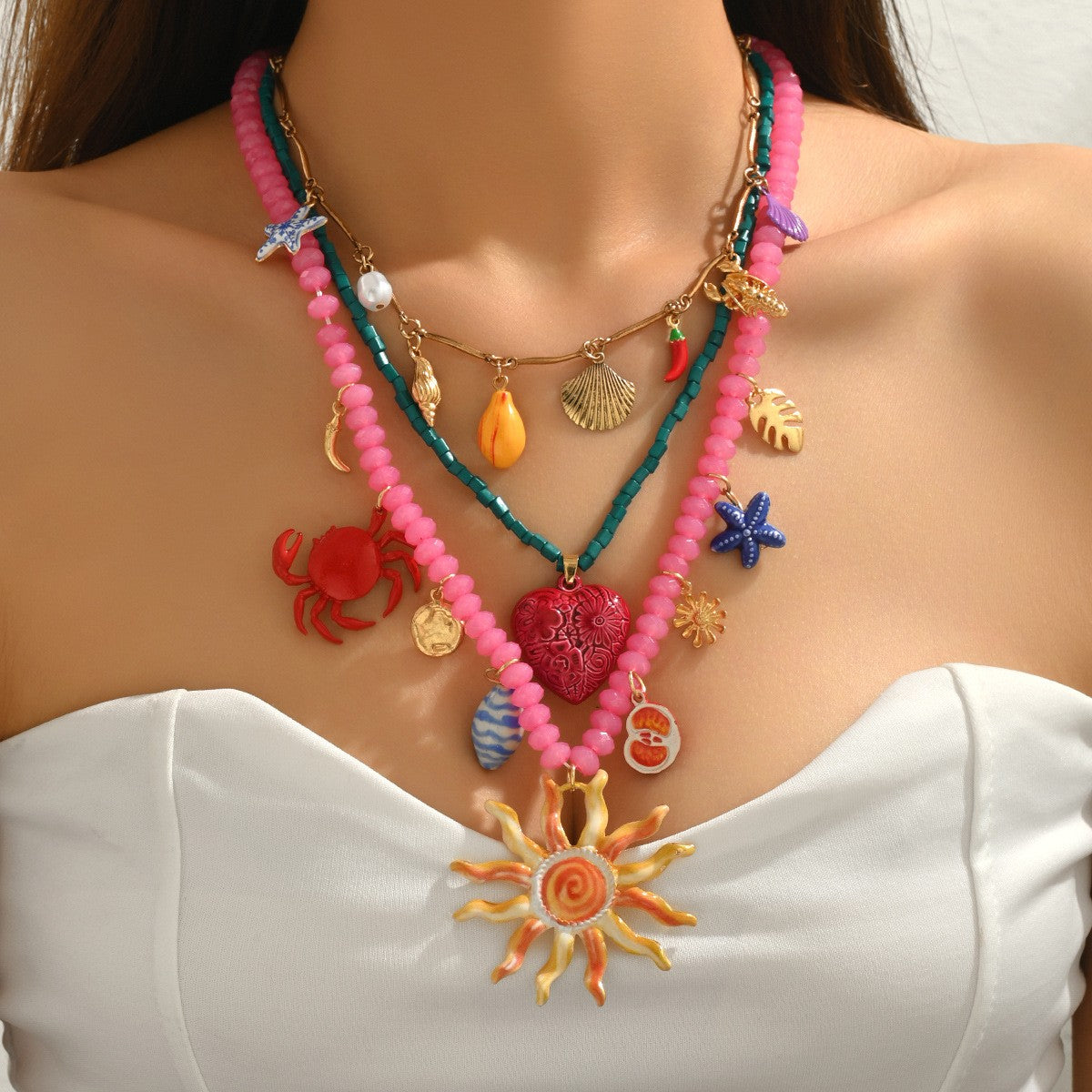 Boho Vintage Sun & Crab Layered Necklace