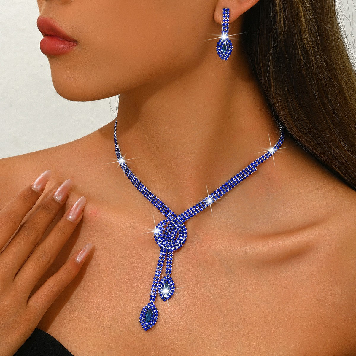 Classy Red Rhinestone Knot Lariat Necklace & Earring Set