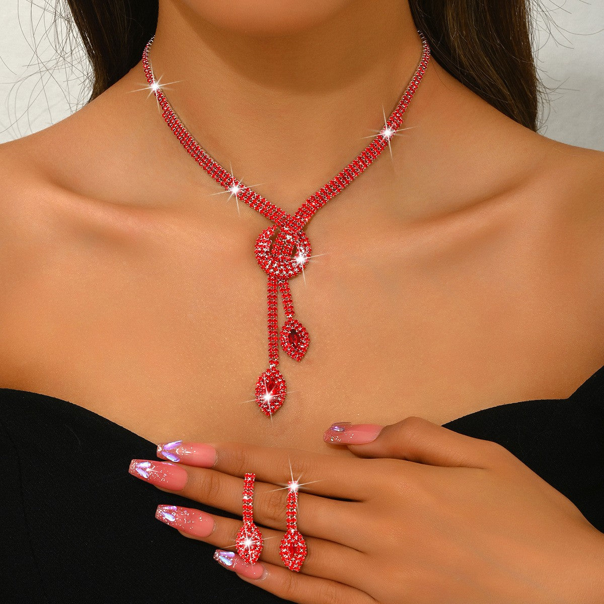Classy Red Rhinestone Knot Lariat Necklace & Earring Set