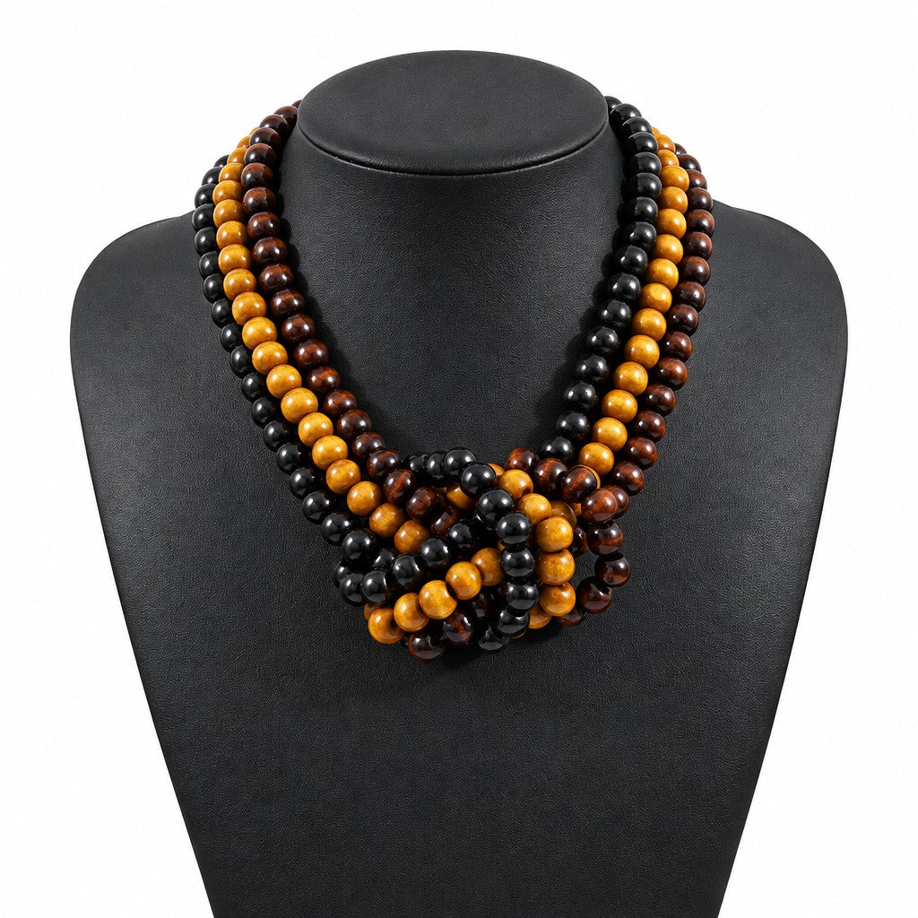 Boho Vintage Multi-Layer Wooden Bead Necklace